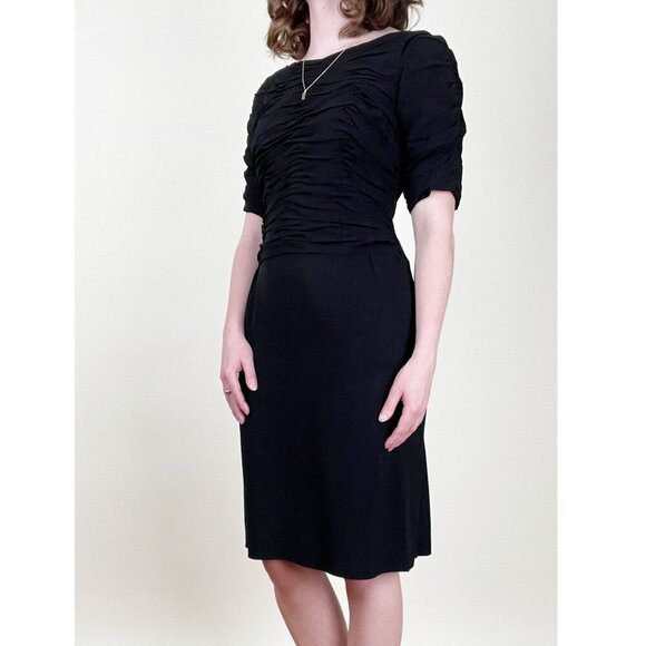 Vintage 1960s Little Black Dress Mini Midi Pleated Drape Preppy Bow Handmade 60s - Picture 4 of 7